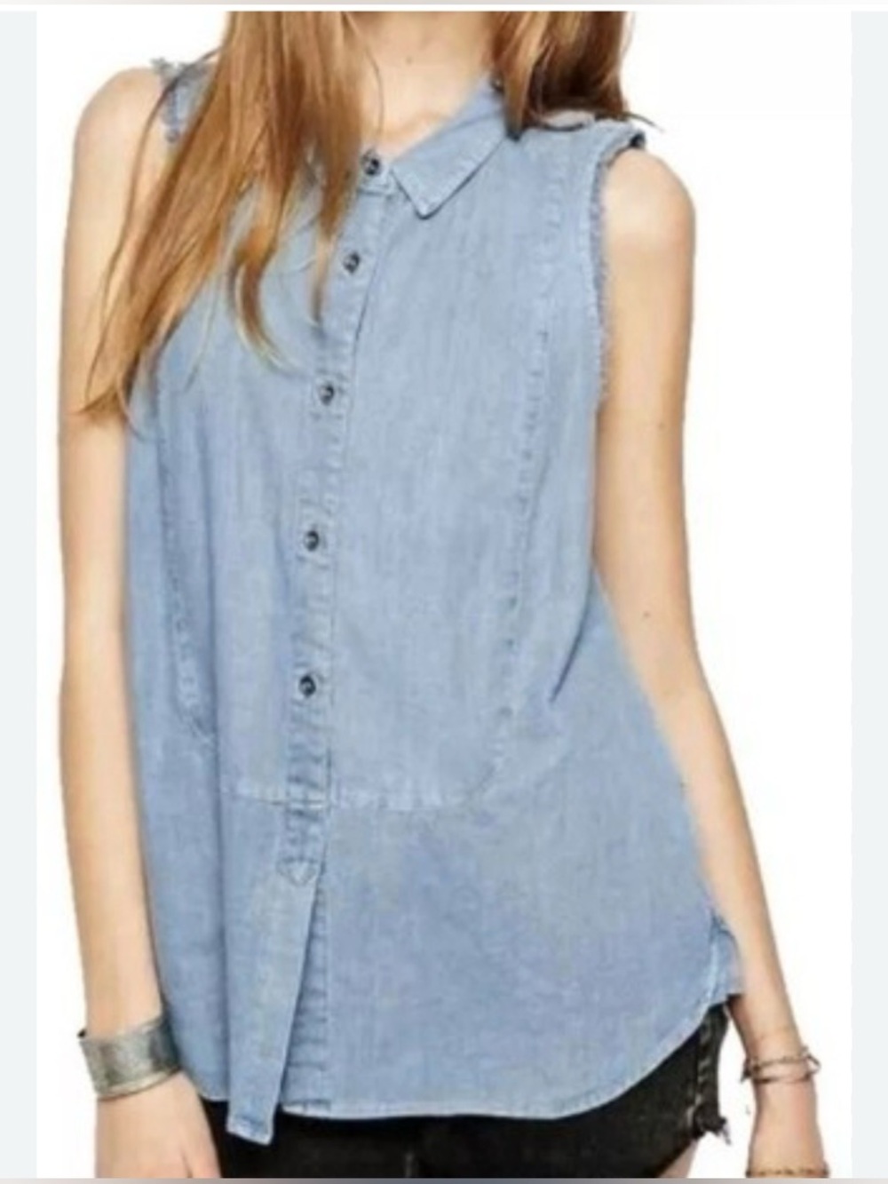 Free People Light Blue Sleeveless Button-Down Chambray Shirt